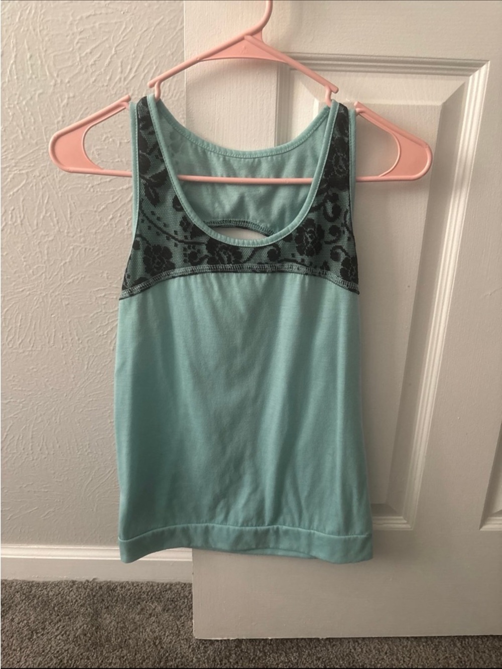 Women’s Aqua Tank Top with Black Lace-Style Yoke